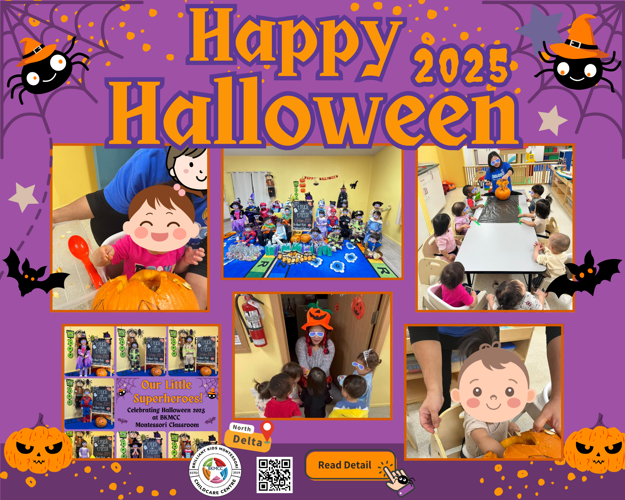 Halloween celebration collage showing fun activities at BKMCC Childcare in North Delta.