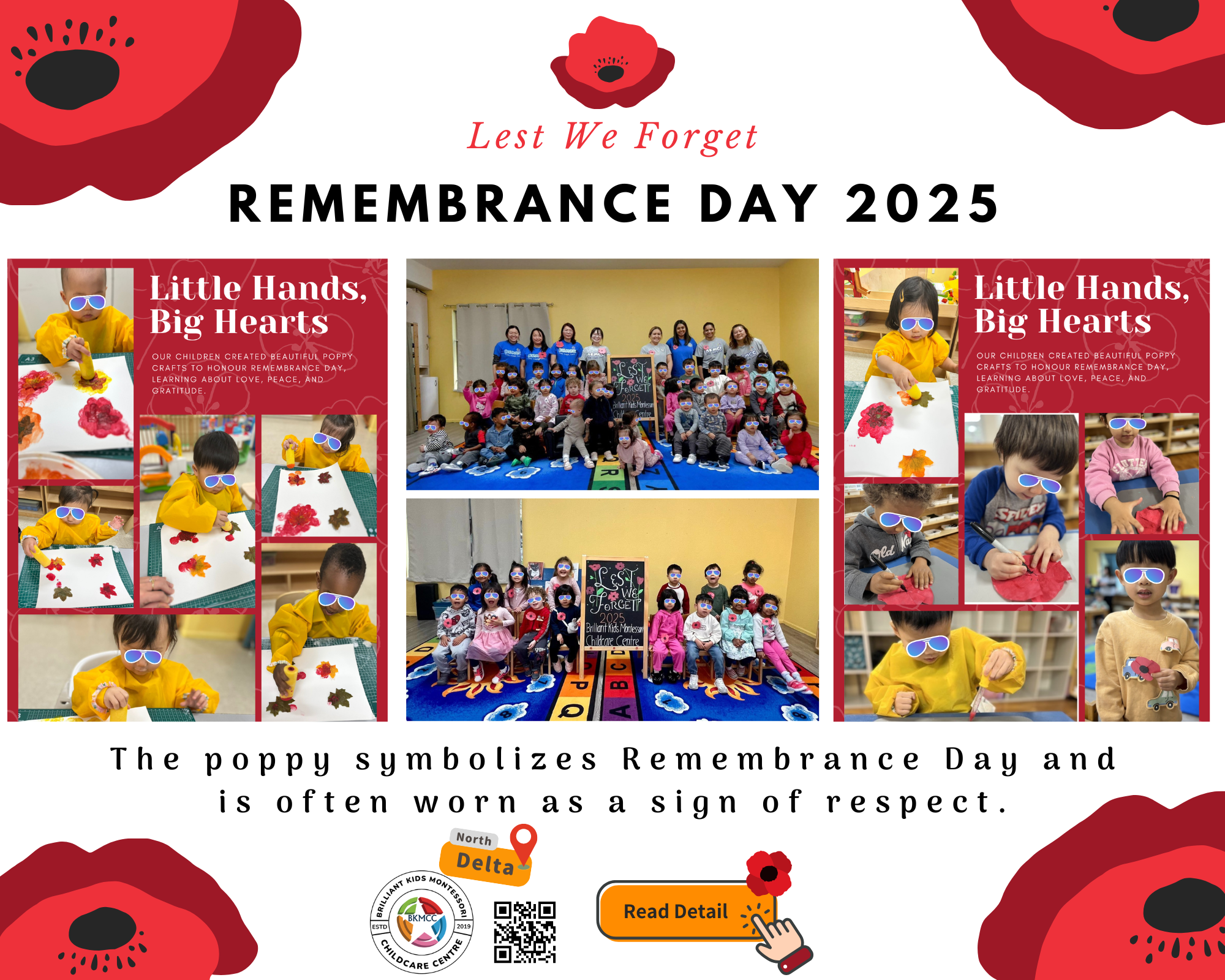 BKMCC Childcare in North Delta displays poppy crafts for Remembrance Day 2025.