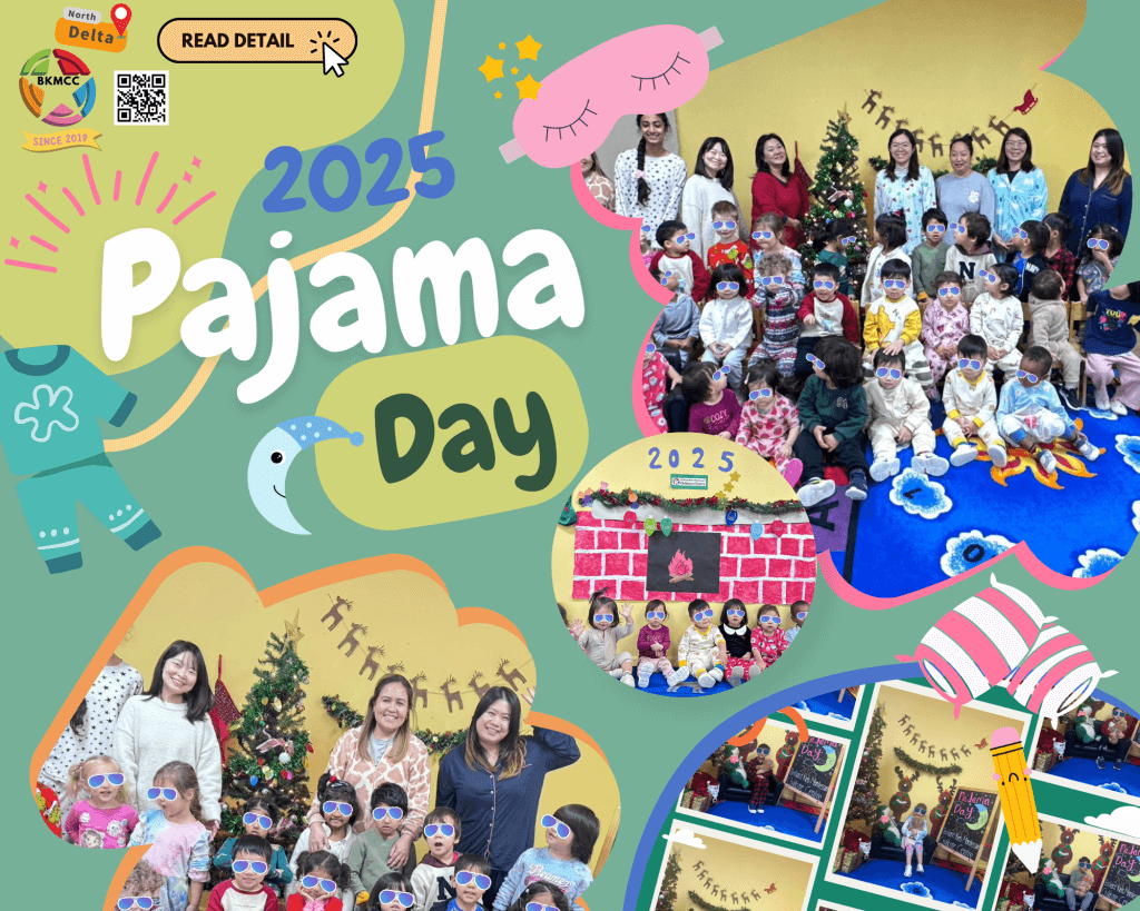 Promotional poster for BKMCC Pajama Day featuring happy children and staff in North Delta.