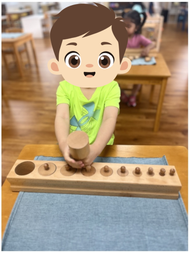 Childcare student in North Delta exploring size and shape with a Montessori cylinder block at BKMCC.