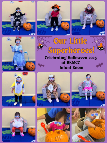 Infants in cute costumes celebrate Halloween at BKMCC Childcare in North Delta.