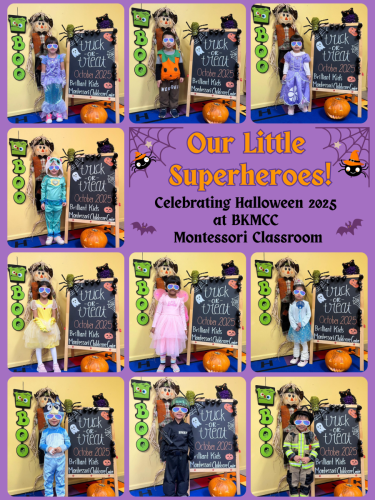 Montessori students dressed as superheroes for Halloween at BKMCC North Delta.