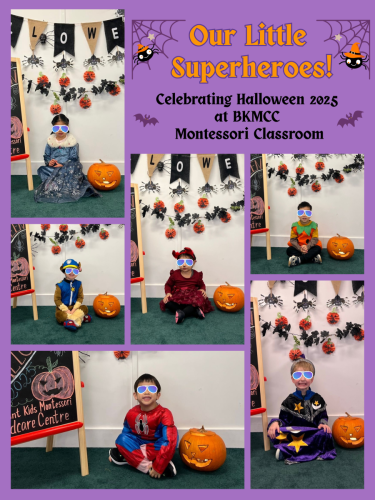 Montessori children in Halloween costumes posing for photos at BKMCC Childcare in North Delta.