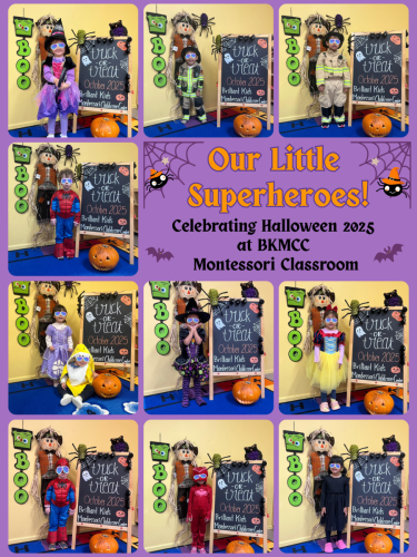 Montessori students in festive Halloween costumes celebrating Trick or Treat at BKMCC North Delta.