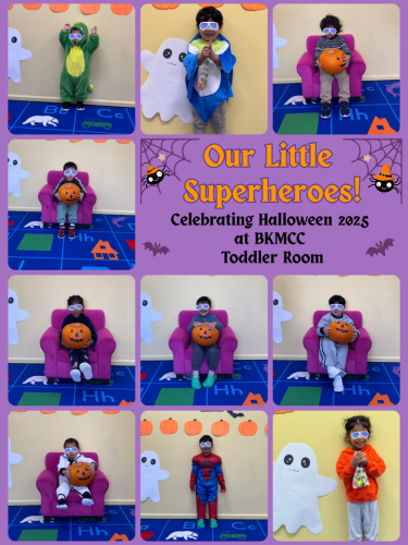 Toddlers in cute costumes enjoy Halloween celebration at BKMCC Childcare in North Delta.