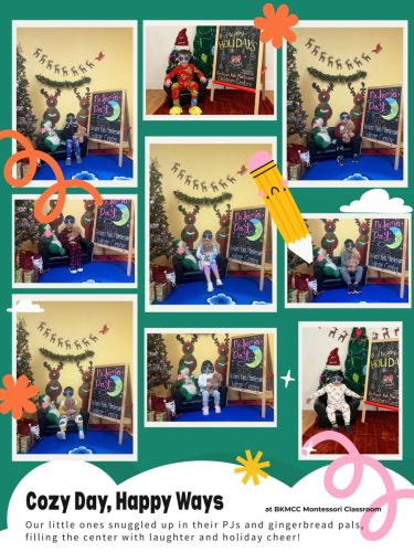Collage of children (3-5 yrs) holding gingerbread man dolls and posing with holiday decorations at BKMCC.