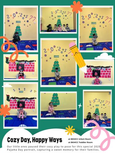 Collage of children aged 3-5 and Toddlers posing under classroom decorations during Pajama Day.