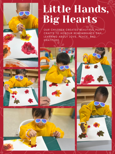 Children at BKMCC Childcare in North Delta creating poppy crafts for Remembrance Day.
